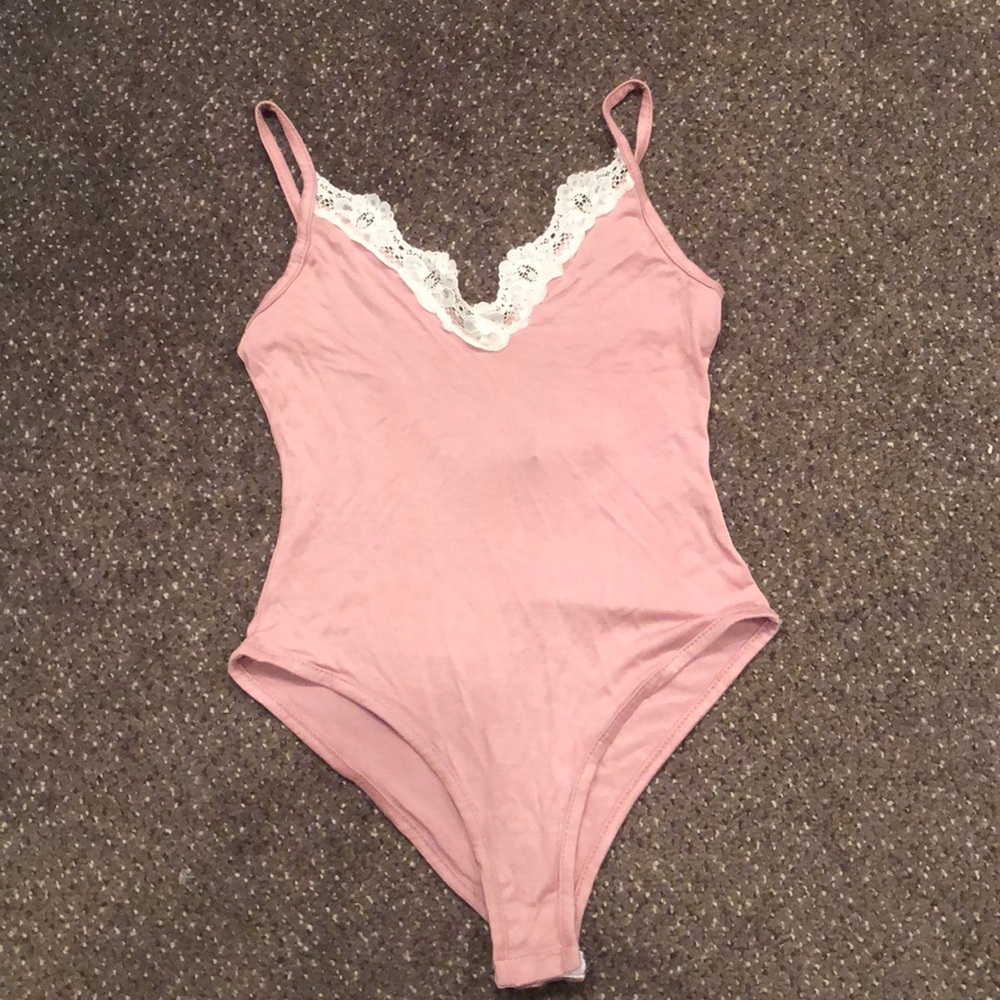 pink bodysuit with lace neckline